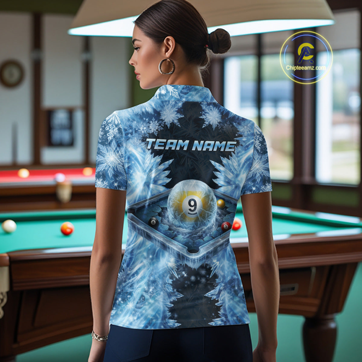 Icy Pattern Blue 9 Ball Pool Billiard Team Shirt For Women Custom Snowflake Billiards Ball Attire NYN3043