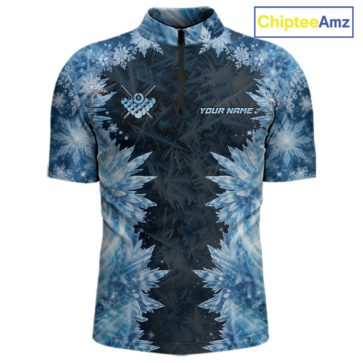 Icy Pattern Blue 9 Ball Pool Billiard Team Shirt For Men Custom Snowflake Billiards Ball Attire NYN3043
