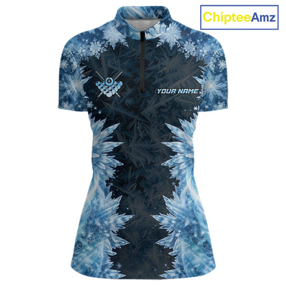 Icy Pattern Blue 9 Ball Pool Billiard Team Shirt For Women Custom Snowflake Billiards Ball Attire NYN3043