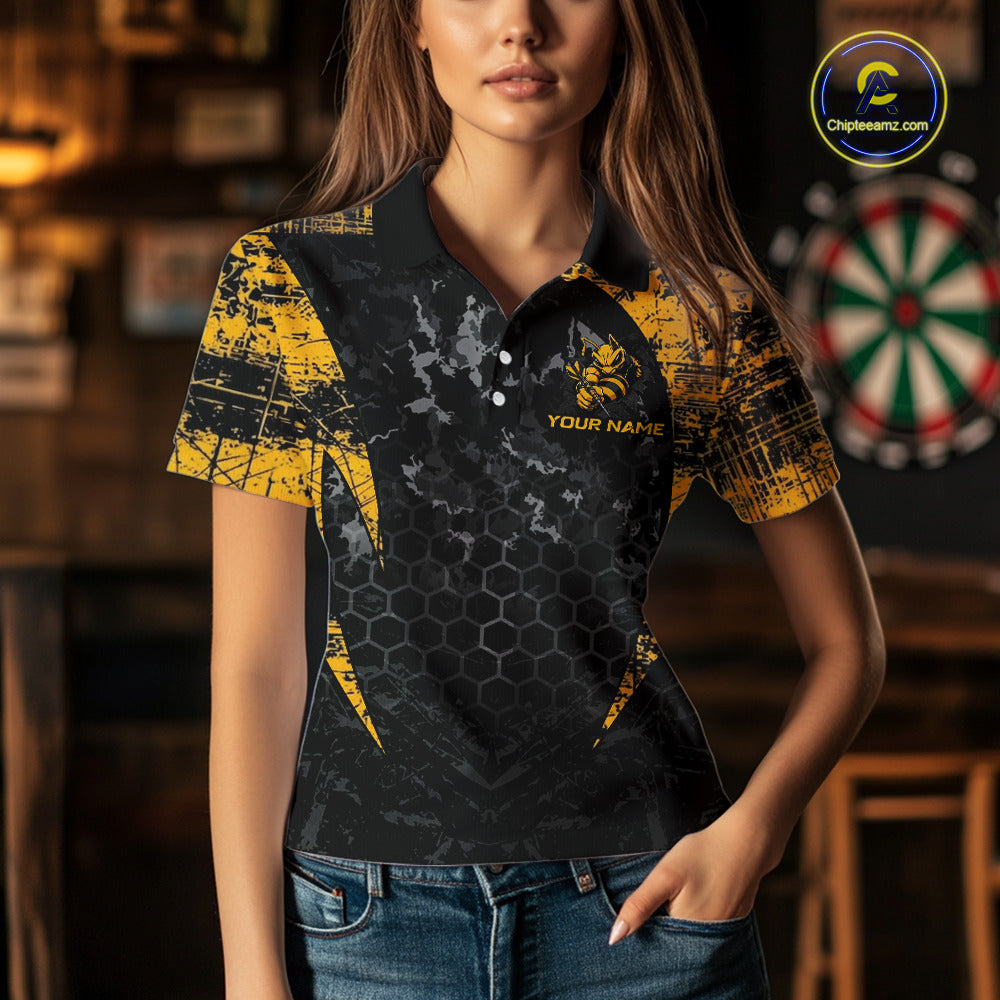 Grunge Black And Yellow Funny Bee Women Dart Polo & 1/4-Zip Shirt Custom Dart Team Jerseys NYN3211
