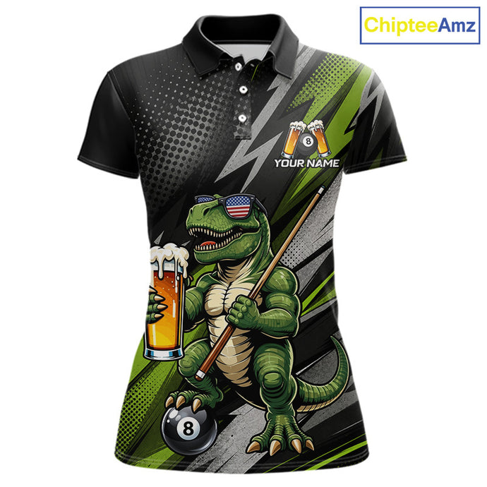 Green Funny Dinosaur women's billiard polo featuring beer-drinking dinosaur mascot, personalized 8 Ball pool league jersey, APA tournament apparel, humorous cue sports performance shirt, custom athletic billiard team uniform