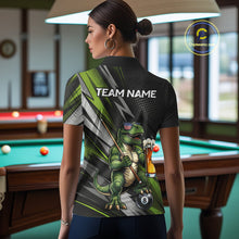 Load image into Gallery viewer, Female model wearing Funny Dinosaur billiard polo featuring personalized 8 Ball tournament jersey, playful beer-themed cue sports apparel, recreational league clothing, humorous athletic performance wear