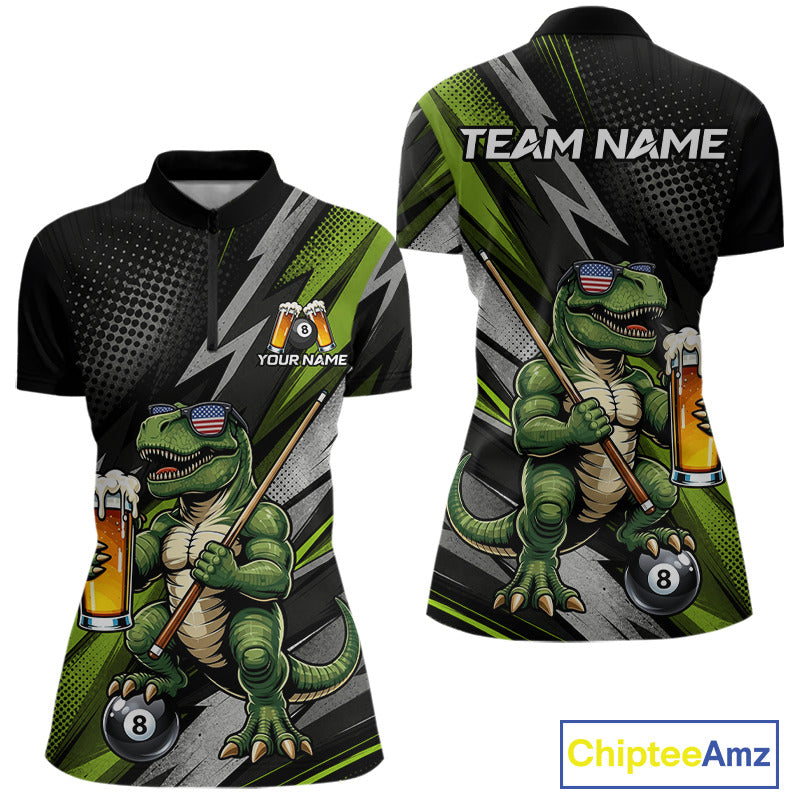 Green Funny Dinosaur women's quarter-zip billiard jersey featuring humorous dinosaur mascot, personalized pool tournament shirt, custom cue sports apparel, APA performance athletic clothing