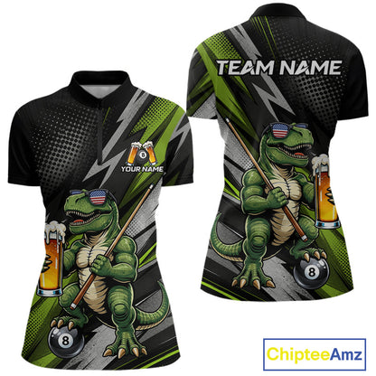 Green Funny Dinosaur women's quarter-zip billiard jersey featuring humorous dinosaur mascot, personalized pool tournament shirt, custom cue sports apparel, APA performance athletic clothing