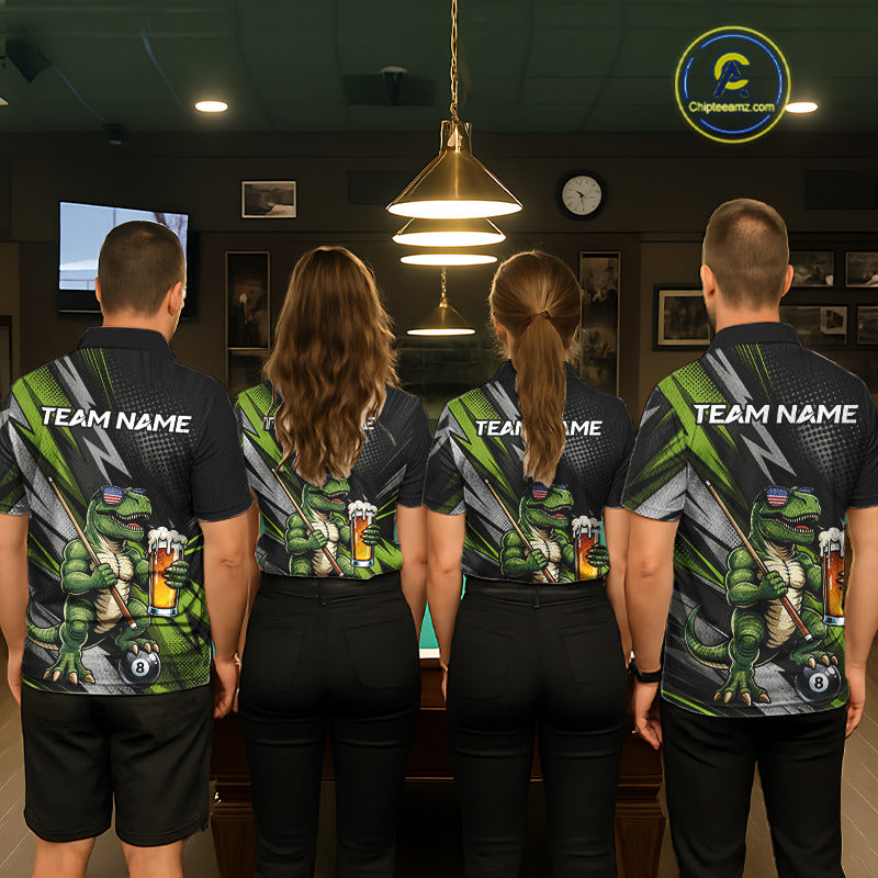 Matching Funny Dinosaur billiard jerseys for men and women featuring humorous dinosaur mascot holding an 8 Ball and beer, representing friendship, fun, celebration and team spirit, appealing to beer lovers, dinosaur fans, party groups, bachelor events, pub leagues, recreational sports communities and novelty apparel collectors