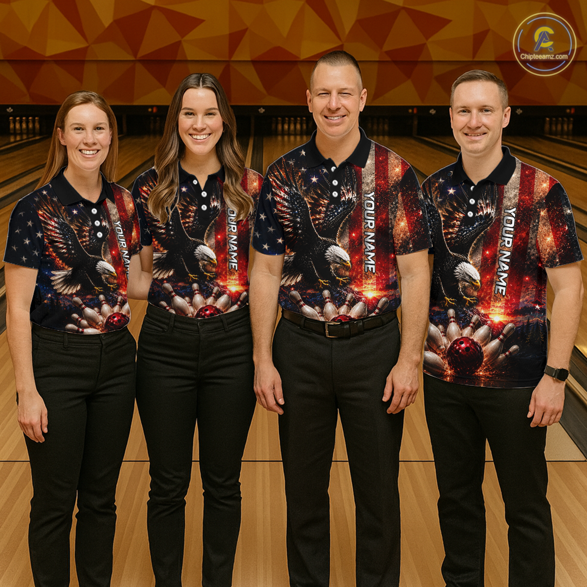 Mixed bowling team wearing matching Thunder US Flag Eagle bowling jerseys, custom names, patriotic eagle graphics, American flag design, tournament champions, league bowling apparel, military appreciation, veteran support, Independence Day team uniforms, corporate bowling event apparel.
