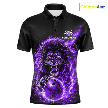 Personalized Purple Flame Lion Bowling Shirts For Men Custom Fire Lion Team Bowling Jersey NYN4066