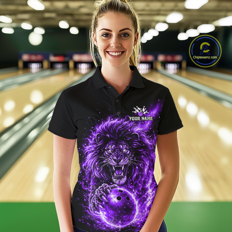 Personalized Purple Flame Lion Bowling Shirts For Women Custom Fire Lion Team Bowling Jersey NYN4066