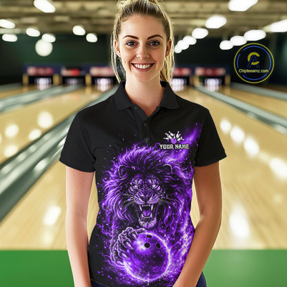 Personalized Purple Flame Lion Bowling Shirts For Women Custom Fire Lion Team Bowling Jersey NYN4066