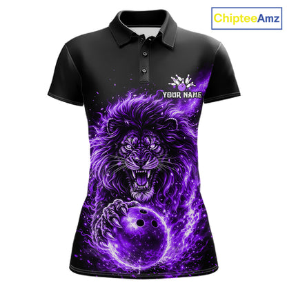 Personalized Purple Flame Lion Bowling Shirts For Women Custom Fire Lion Team Bowling Jersey NYN4066