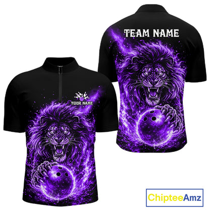 Personalized Purple Flame Lion Bowling Shirts For Men Custom Fire Lion Team Bowling Jersey NYN4066