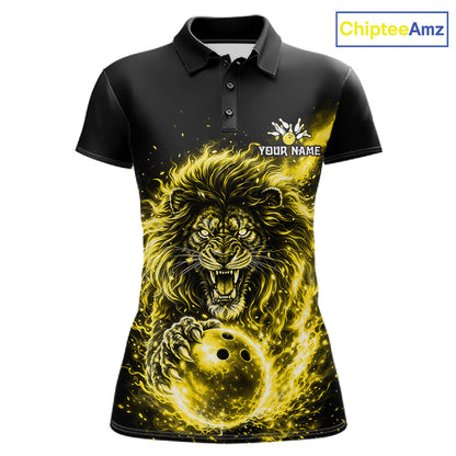 Personalized Yellow Flame Lion Bowling Shirts For Women Custom Fire Lion Team Bowling Jersey NYN4067