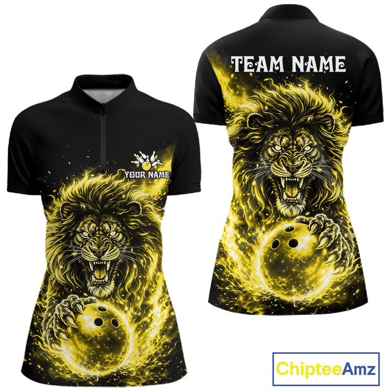 Personalized Yellow Flame Lion Bowling Shirts For Women Custom Fire Lion Team Bowling Jersey NYN4067