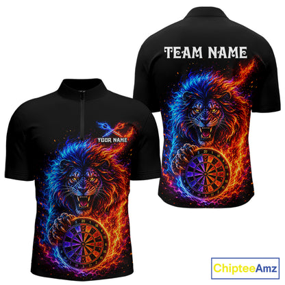 Red And Blue Flame Lion Darts Polo Quarter-Zip Shirts For Men Custom Fire Lion Darts Team Jersey NYN4068