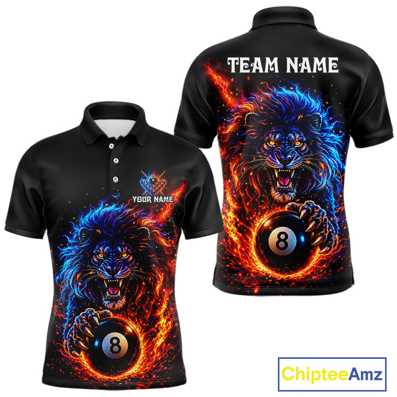 Red And Blue Flame Lion Pool Polo Quarter-Zip Shirts For Men Custom Fire 8 Ball Billiard Team Jersey NYN4069