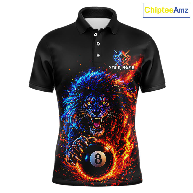 Red And Blue Flame Lion Pool Polo Quarter-Zip Shirts For Men Custom Fire 8 Ball Billiard Team Jersey NYN4069