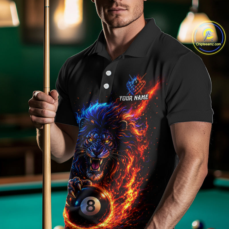 Red And Blue Flame Lion Pool Polo Quarter-Zip Shirts For Men Custom Fire 8 Ball Billiard Team Jersey NYN4069