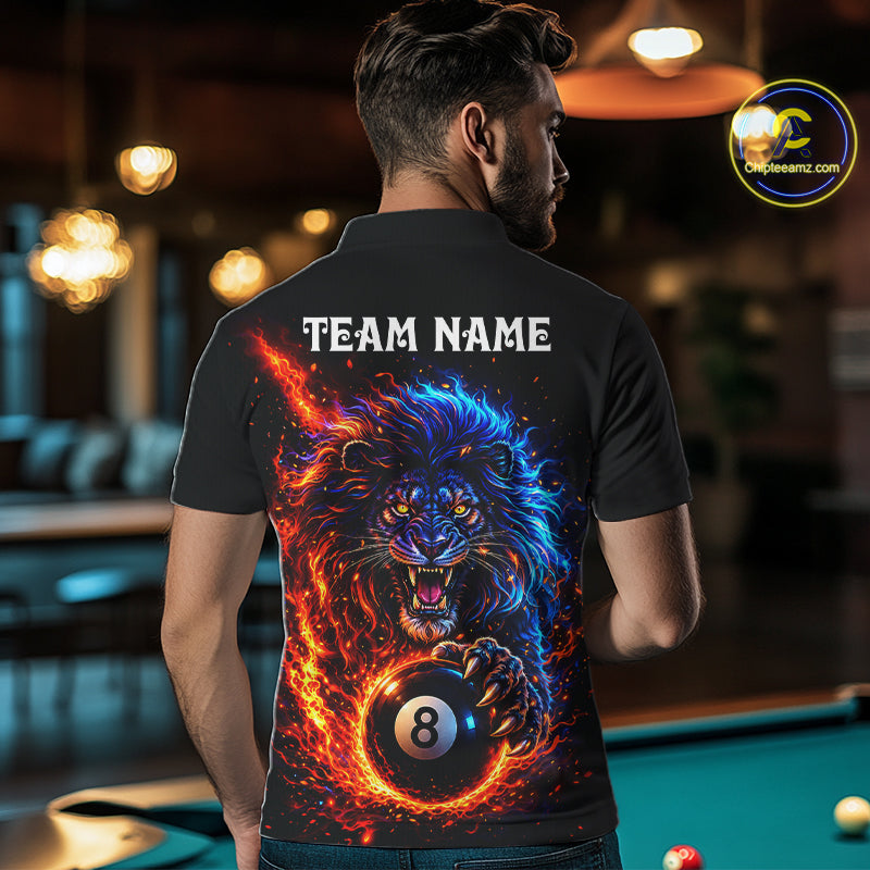 Red And Blue Flame Lion Pool Polo Quarter-Zip Shirts For Men Custom Fire 8 Ball Billiard Team Jersey NYN4069