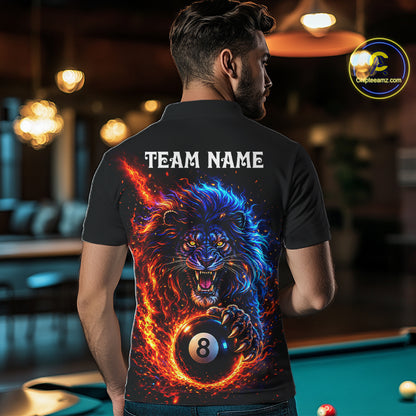 Red And Blue Flame Lion Pool Polo Quarter-Zip Shirts For Men Custom Fire 8 Ball Billiard Team Jersey NYN4069