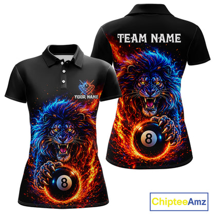 Red And Blue Flame Lion Pool Polo Quarter-Zip Shirts For Women Custom Fire 8 Ball Billiard Team Jersey NYN4069
