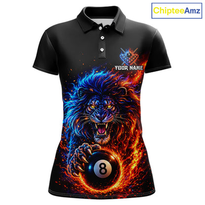 Red And Blue Flame Lion Pool Polo Quarter-Zip Shirts For Women Custom Fire 8 Ball Billiard Team Jersey NYN4069