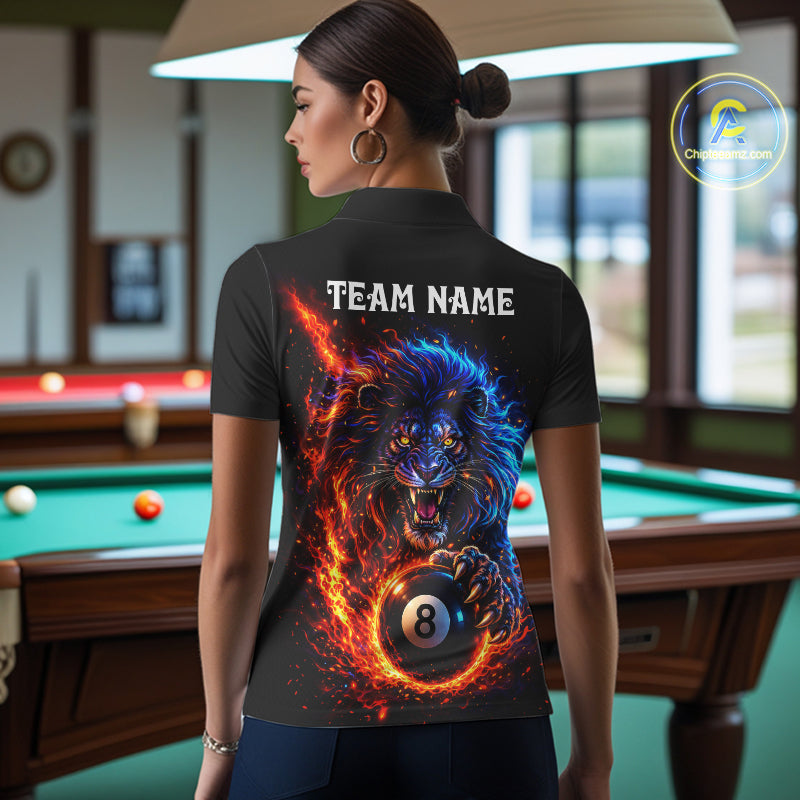Red And Blue Flame Lion Pool Polo Quarter-Zip Shirts For Women Custom Fire 8 Ball Billiard Team Jersey NYN4069