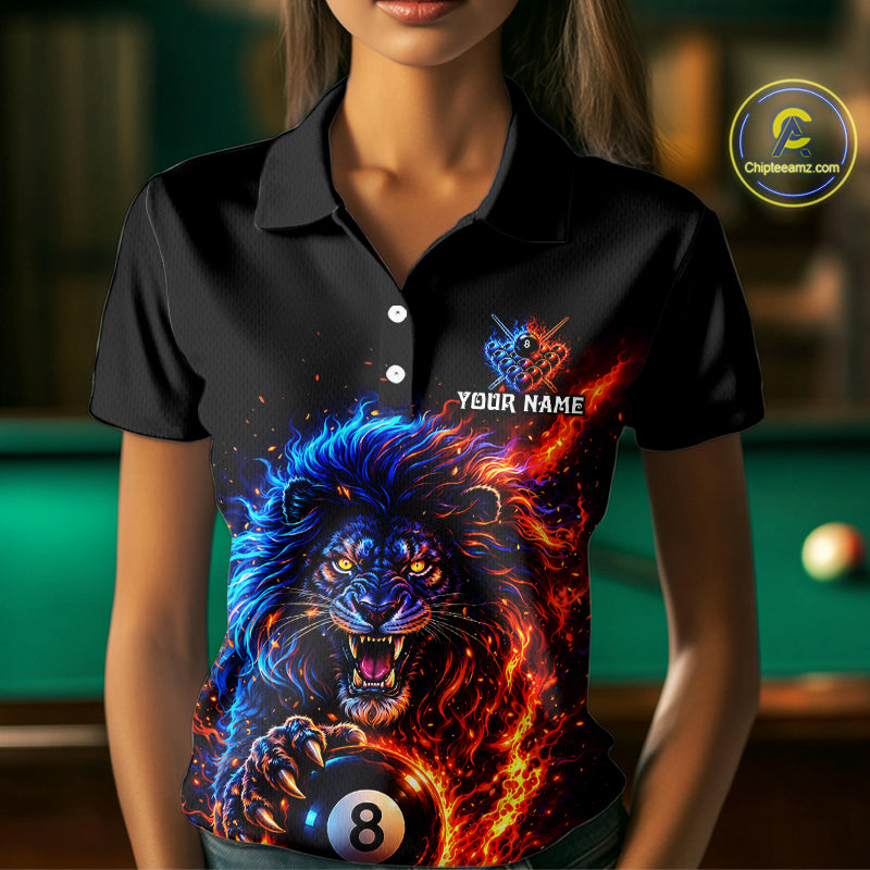 Red And Blue Flame Lion Pool Polo Quarter-Zip Shirts For Women Custom Fire 8 Ball Billiard Team Jersey NYN4069