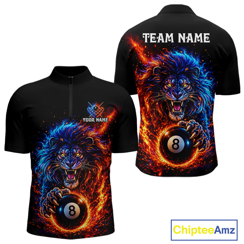 Red And Blue Flame Lion Pool Polo Quarter-Zip Shirts For Men Custom Fire 8 Ball Billiard Team Jersey NYN4069