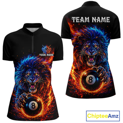 Red And Blue Flame Lion Pool Polo Quarter-Zip Shirts For Women Custom Fire 8 Ball Billiard Team Jersey NYN4069