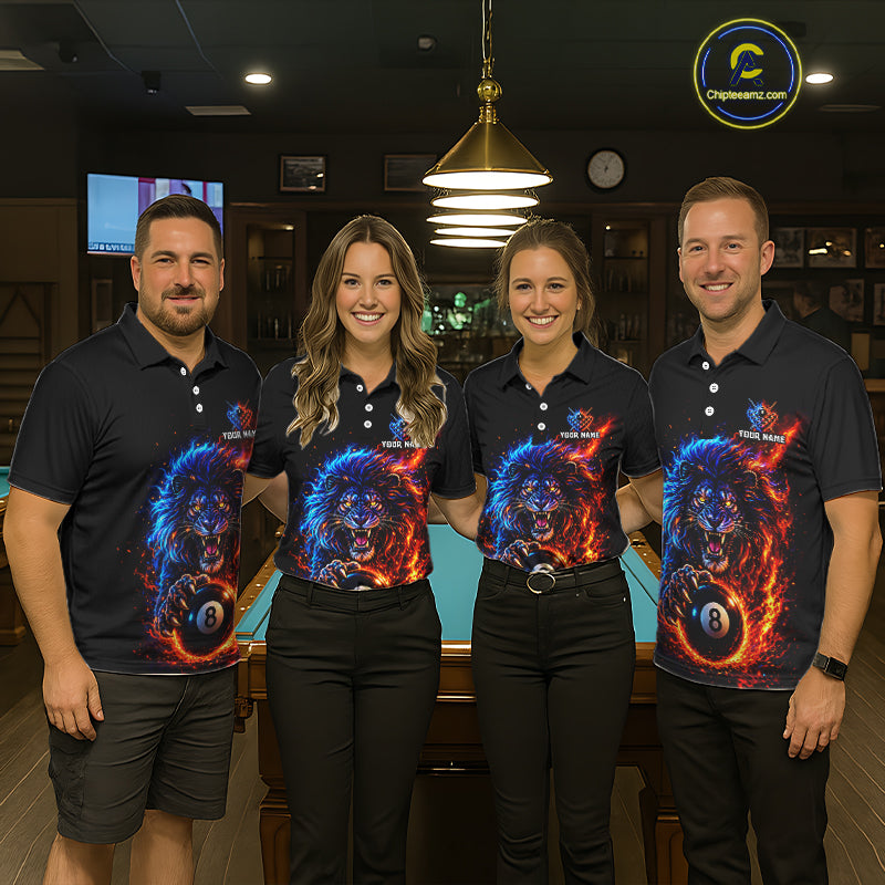 Red And Blue Flame Lion Pool Polo Quarter-Zip Shirts For Men Custom Fire 8 Ball Billiard Team Jersey NYN4069