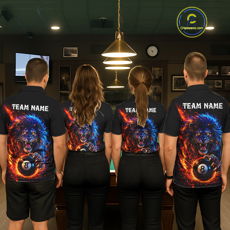 Red And Blue Flame Lion Pool Polo Quarter-Zip Shirts For Men Custom Fire 8 Ball Billiard Team Jersey NYN4069