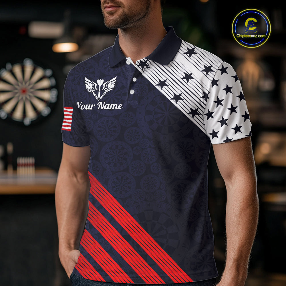 Custom Patriotic US Flag Stars Stripes Darts Polo 1/4-Zip Shirt For Men Personalized Darts Team Shirt NYN4421