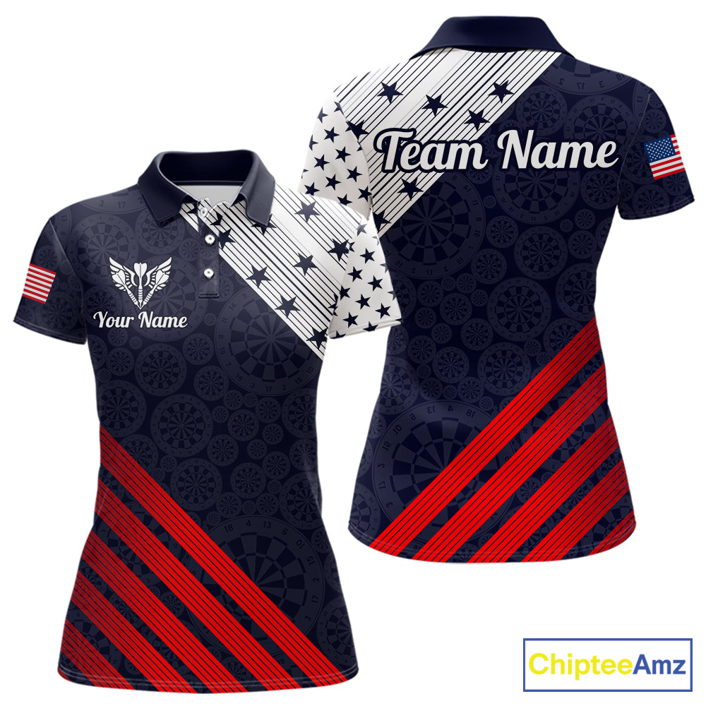 Custom Patriotic US Flag Stars Stripes Darts Polo 1/4-Zip Shirt For Women Personalized Darts Team Shirt NYN4421