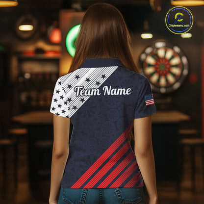 Custom Patriotic US Flag Stars Stripes Darts Polo 1/4-Zip Shirt For Women Personalized Darts Team Shirt NYN4421