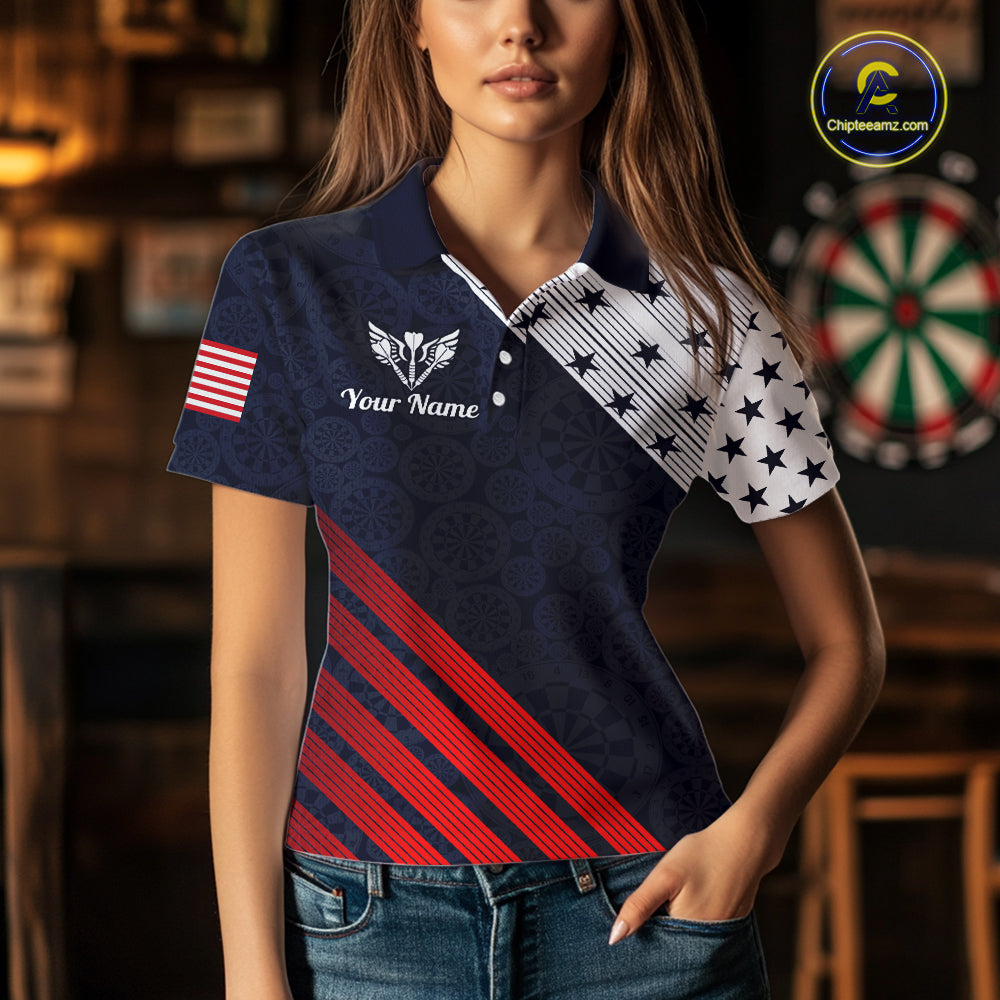 Custom Patriotic US Flag Stars Stripes Darts Polo 1/4-Zip Shirt For Women Personalized Darts Team Shirt NYN4421