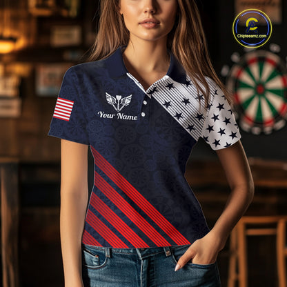 Custom Patriotic US Flag Stars Stripes Darts Polo 1/4-Zip Shirt For Women Personalized Darts Team Shirt NYN4421