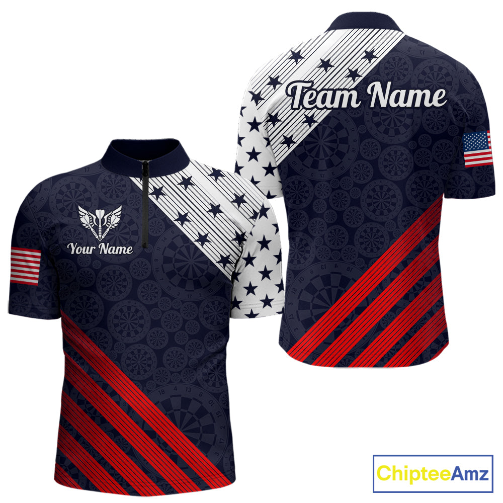 Custom Patriotic US Flag Stars Stripes Darts Polo 1/4-Zip Shirt For Men Personalized Darts Team Shirt NYN4421