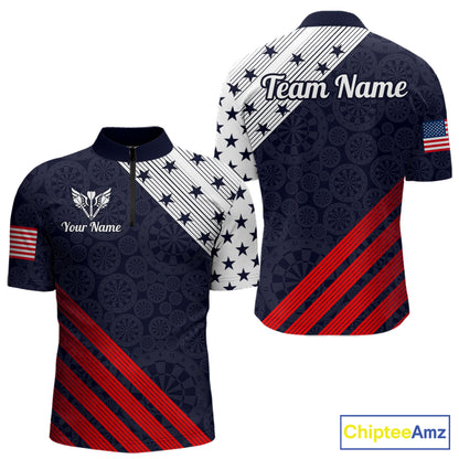 Custom Patriotic US Flag Stars Stripes Darts Polo 1/4-Zip Shirt For Men Personalized Darts Team Shirt NYN4421