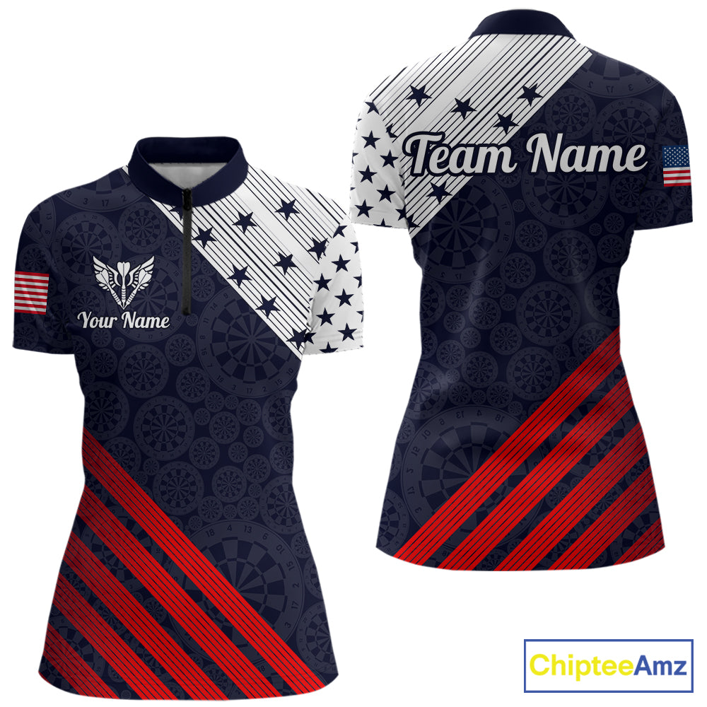 Custom Patriotic US Flag Stars Stripes Darts Polo 1/4-Zip Shirt For Women Personalized Darts Team Shirt NYN4421