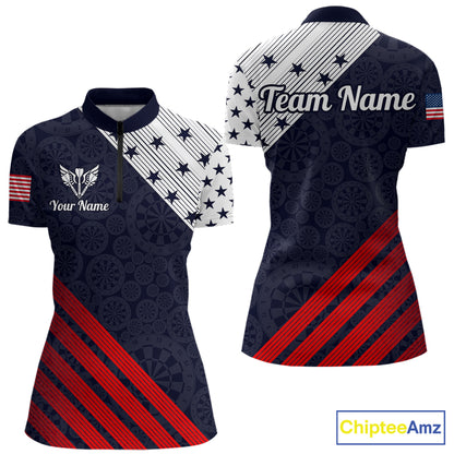 Custom Patriotic US Flag Stars Stripes Darts Polo 1/4-Zip Shirt For Women Personalized Darts Team Shirt NYN4421