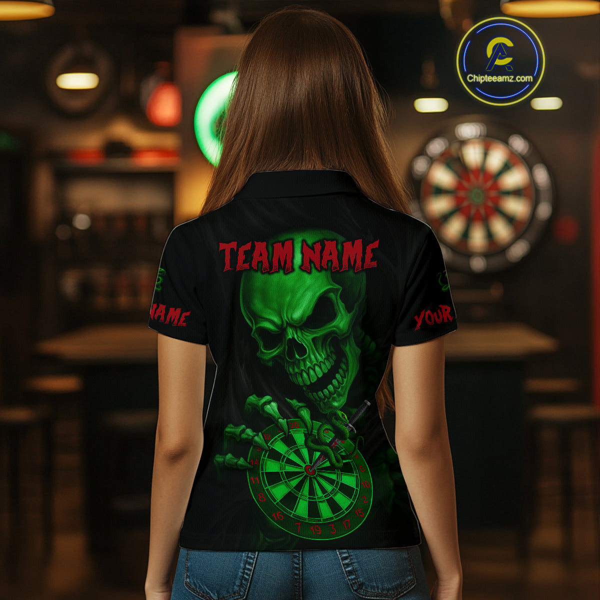 Custom Blood Cobra Green Dartboard Skeleton Dart Women Polo Jerseys Dart Team Shirt NYN1652