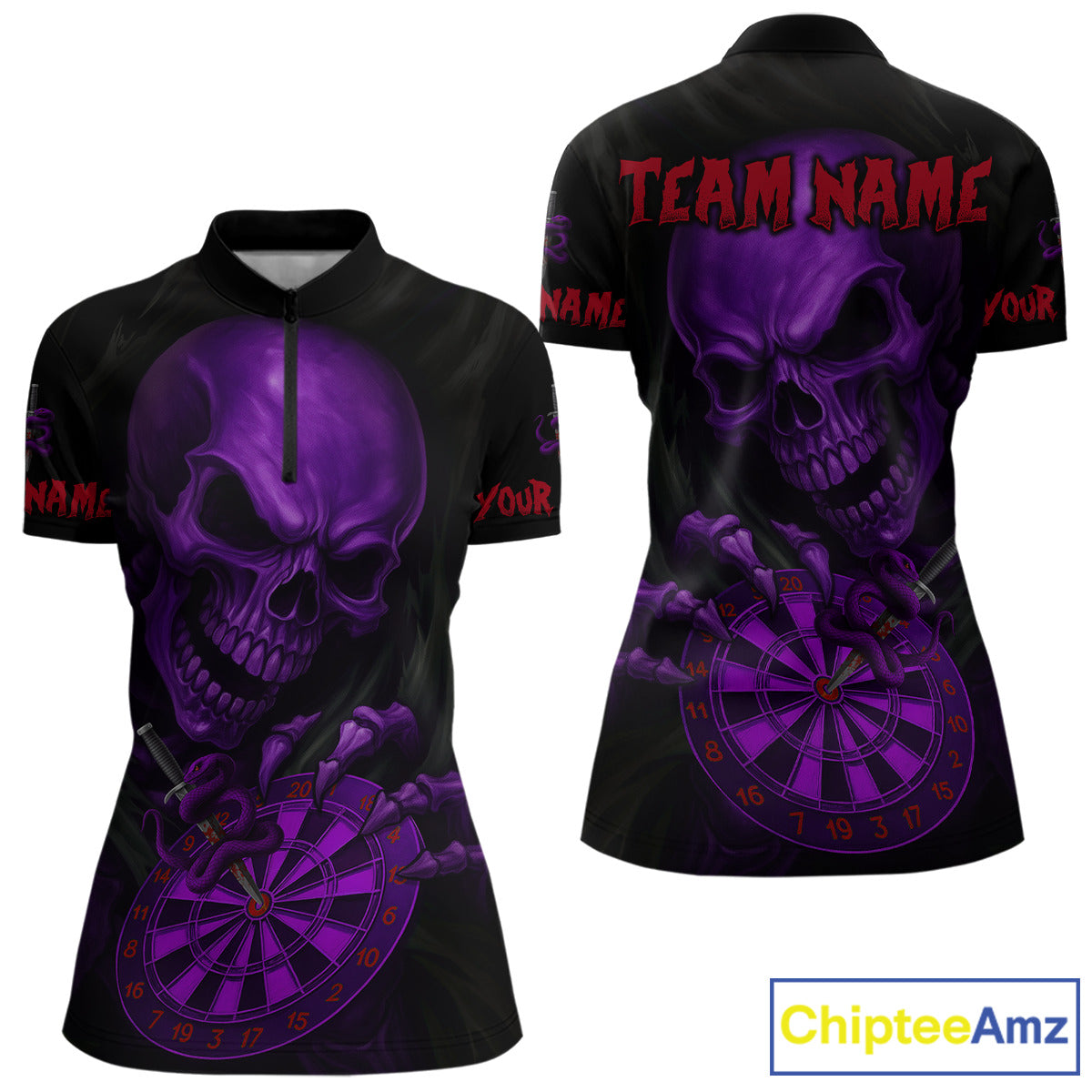 Custom Blood Cobra Purple Dartboard Skeleton Dart Women Quarter-Zip Jerseys Dart Team Shirt NYN1654
