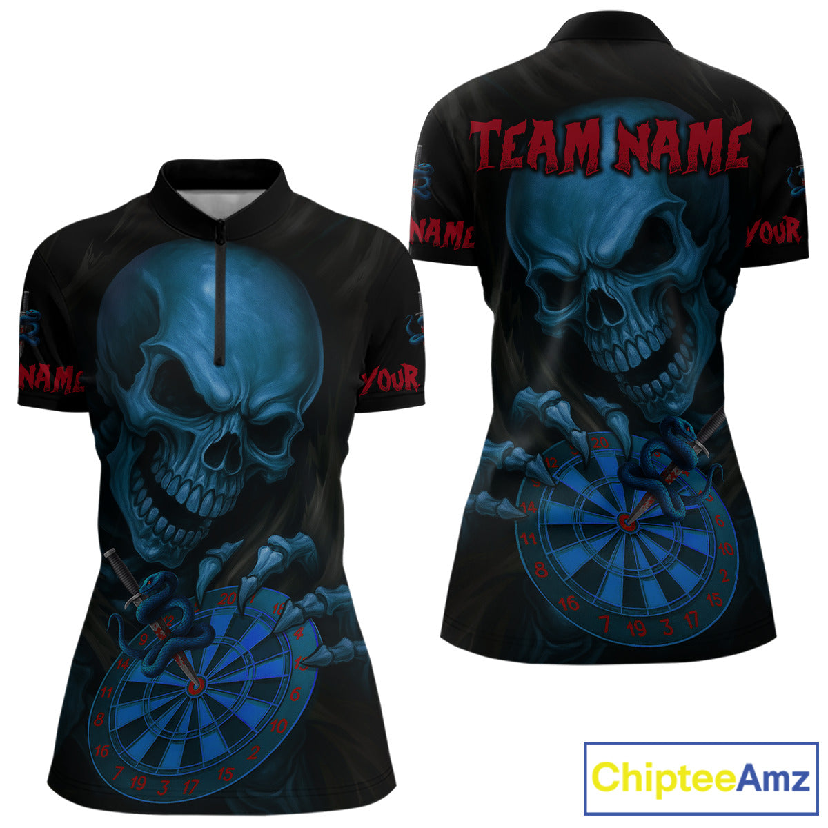 Custom Blood Cobra Blue Dartboard Skeleton Dart Women Quarter-Zip Jerseys Dart Team Shirt NYN1653