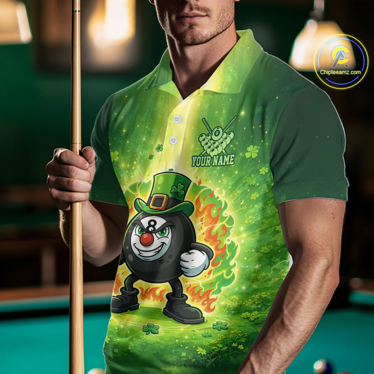 Shamrock Funny Fire Flame 8 Ball Men Billiards Shirt Personalized St Patrick's Day Pool Balls Shirt NYN2679