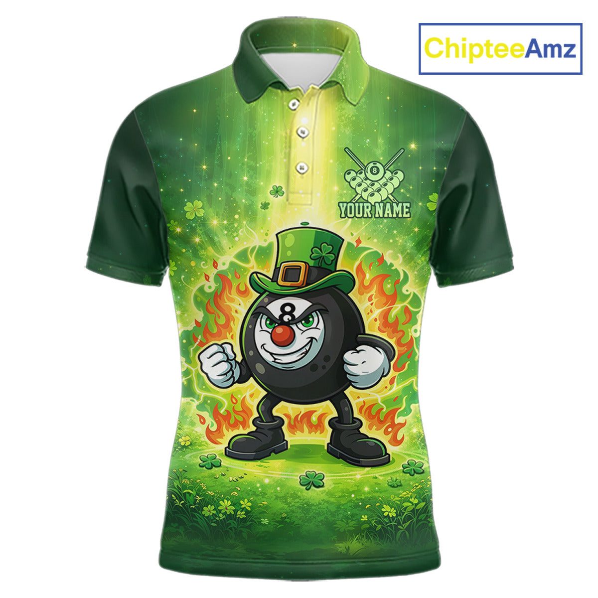 Shamrock Funny Fire Flame 8 Ball Men Billiards Shirt Personalized St Patrick's Day Pool Balls Shirt NYN2679