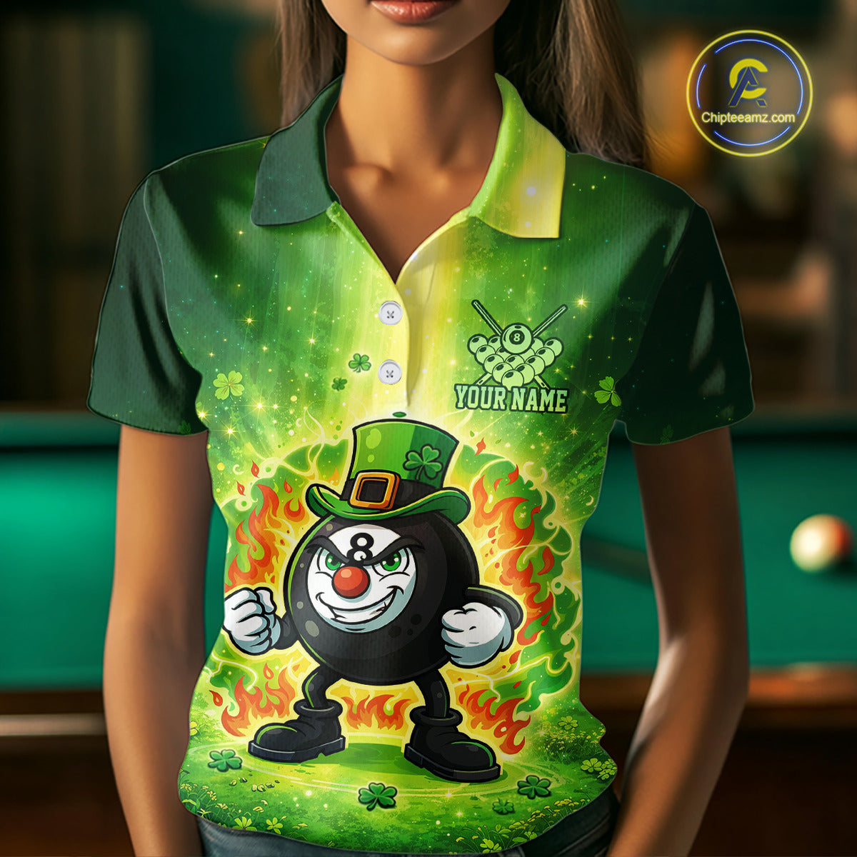 Shamrock Funny Fire Flame 8 Ball Women Billiards Shirt Personalized St Patrick's Day Pool Balls Shirt NYN2679