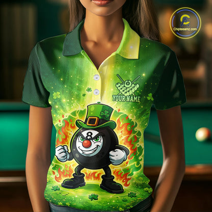 Shamrock Funny Fire Flame 8 Ball Women Billiards Shirt Personalized St Patrick's Day Pool Balls Shirt NYN2679
