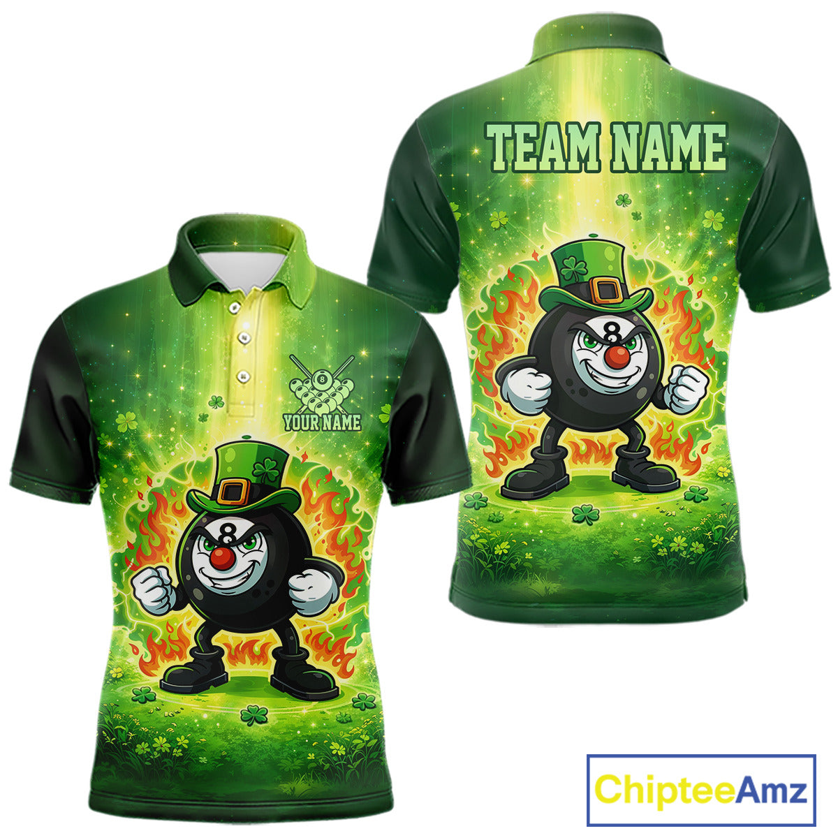 Shamrock Funny Fire Flame 8 Ball Men Billiards Shirt Personalized St Patrick's Day Pool Balls Shirt NYN2679