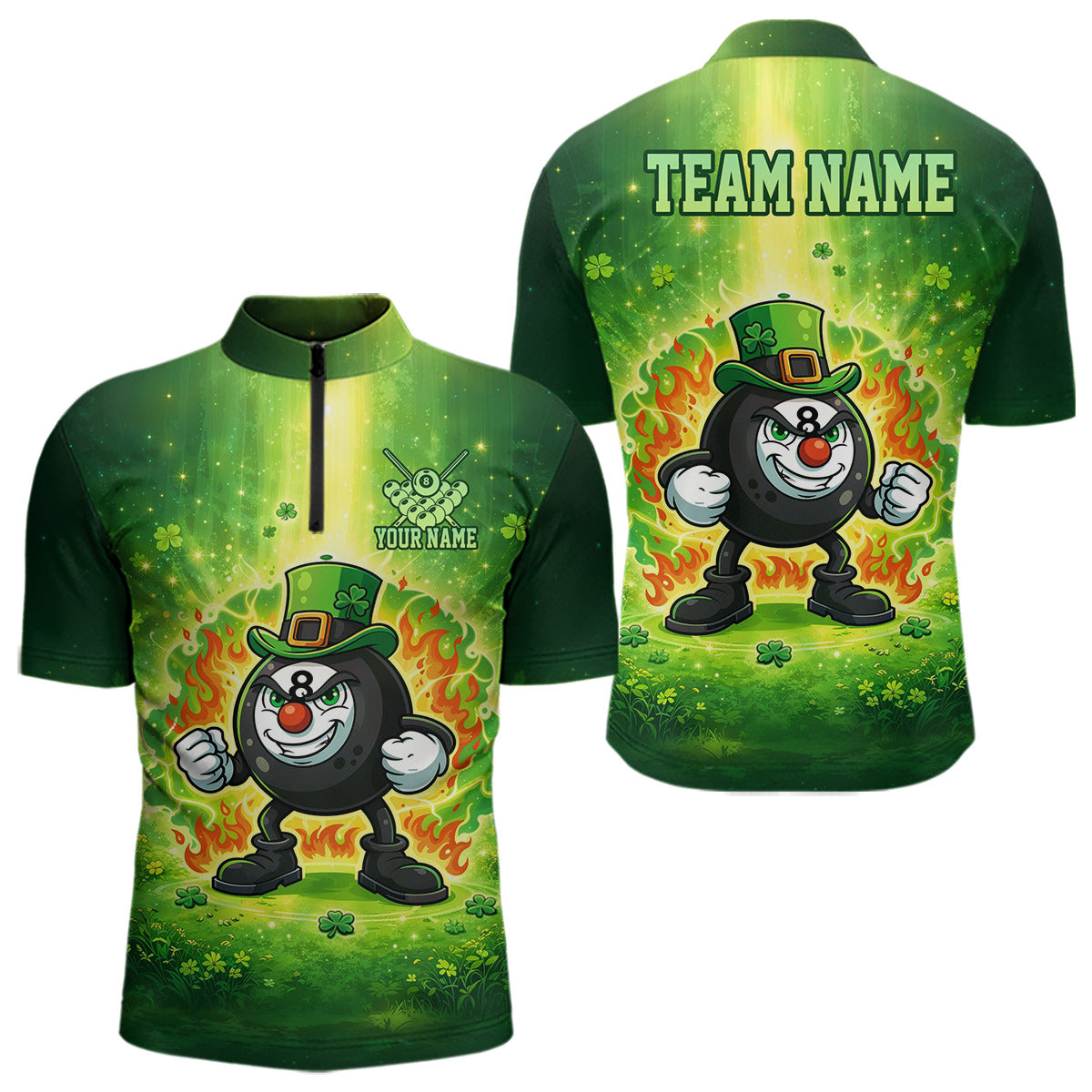 Shamrock Funny Fire Flame 8 Ball Men Billiards Shirt Personalized St Patrick's Day Pool Balls Shirt NYN2679
