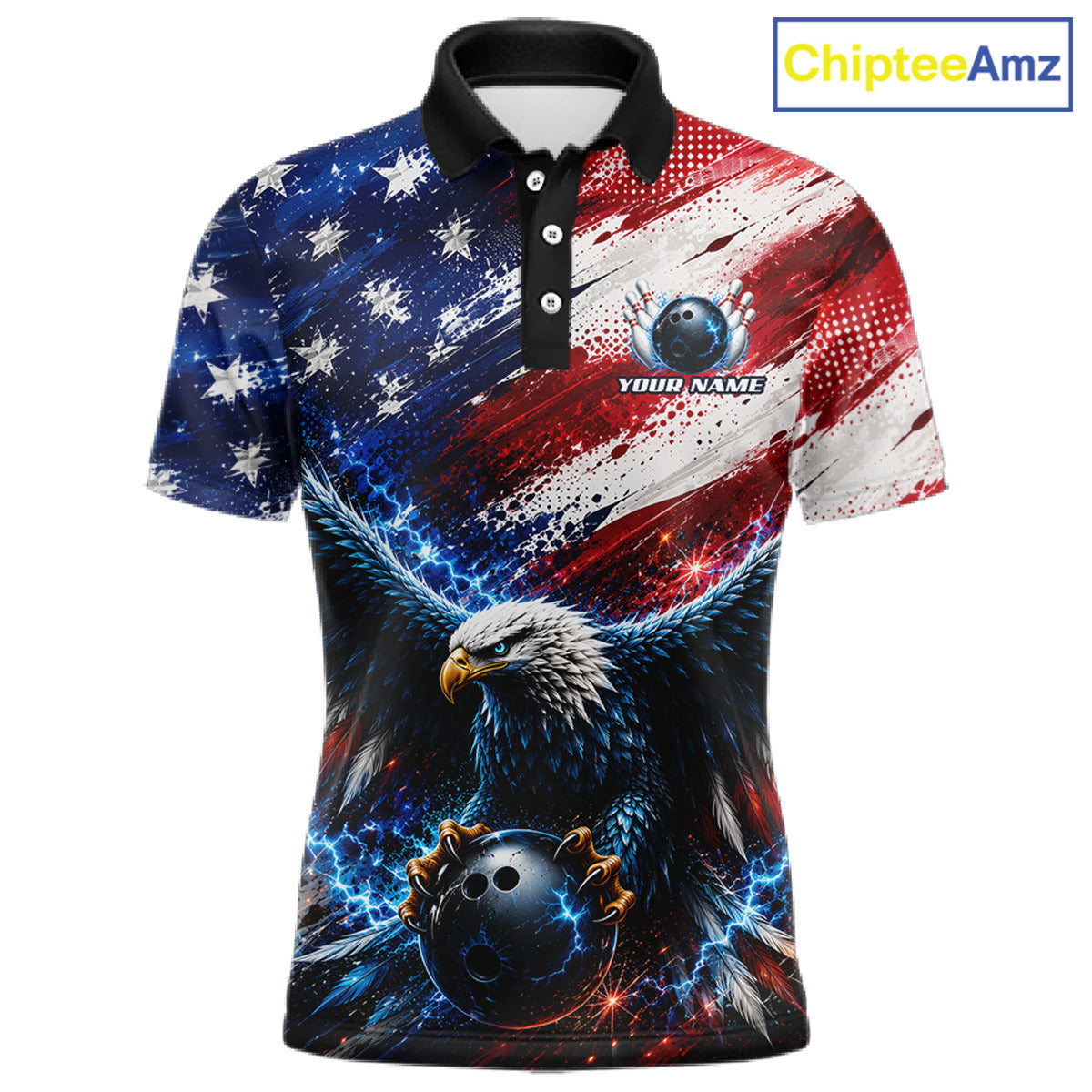 Man wearing Thunder American Flag Eagle Bowling Polo, custom bowling jersey, American eagle design, performance polo shirt, personalized team apparel, patriotic bowling uniform.